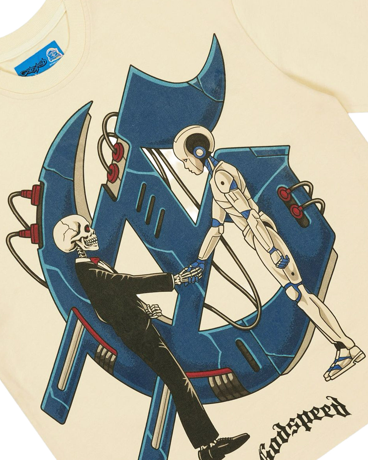 Godspeed The Pact NG Tee bone, close-up of the skeleton and android handshake graphic