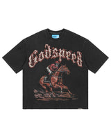 Godspeed Thoroughbred II NG Tee black, washed cotton tee with a racehorse and jockey graphic under flame-edged Gothic Godspeed lettering, front view