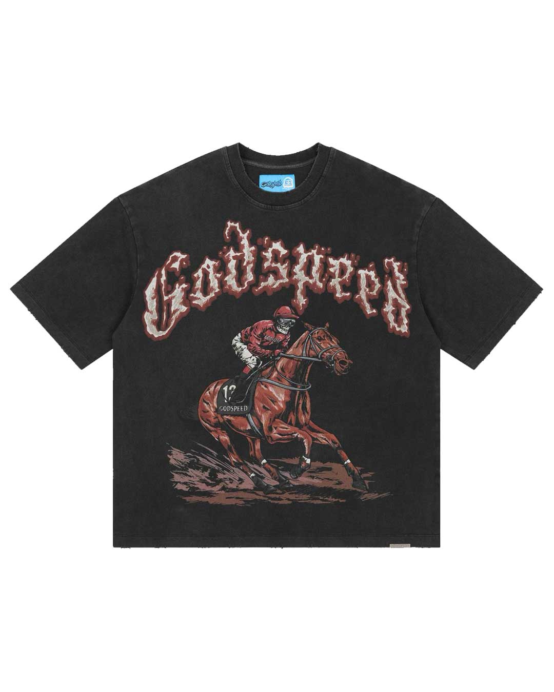 Godspeed Thoroughbred II NG Tee black, washed cotton tee with a racehorse and jockey graphic under flame-edged Gothic Godspeed lettering, front view