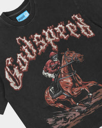 Godspeed Thoroughbred II NG Tee black, angled close-up of the racehorse and jockey graphic and flame-edged lettering