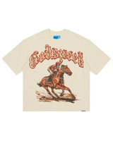 Godspeed Thoroughbred II NG Tee bone, cotton tee with a racehorse and jockey graphic under flame-edged Gothic Godspeed lettering, front view