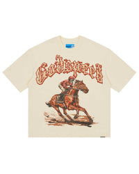 Godspeed Thoroughbred II NG Tee bone, cotton tee with a racehorse and jockey graphic under flame-edged Gothic Godspeed lettering, front view