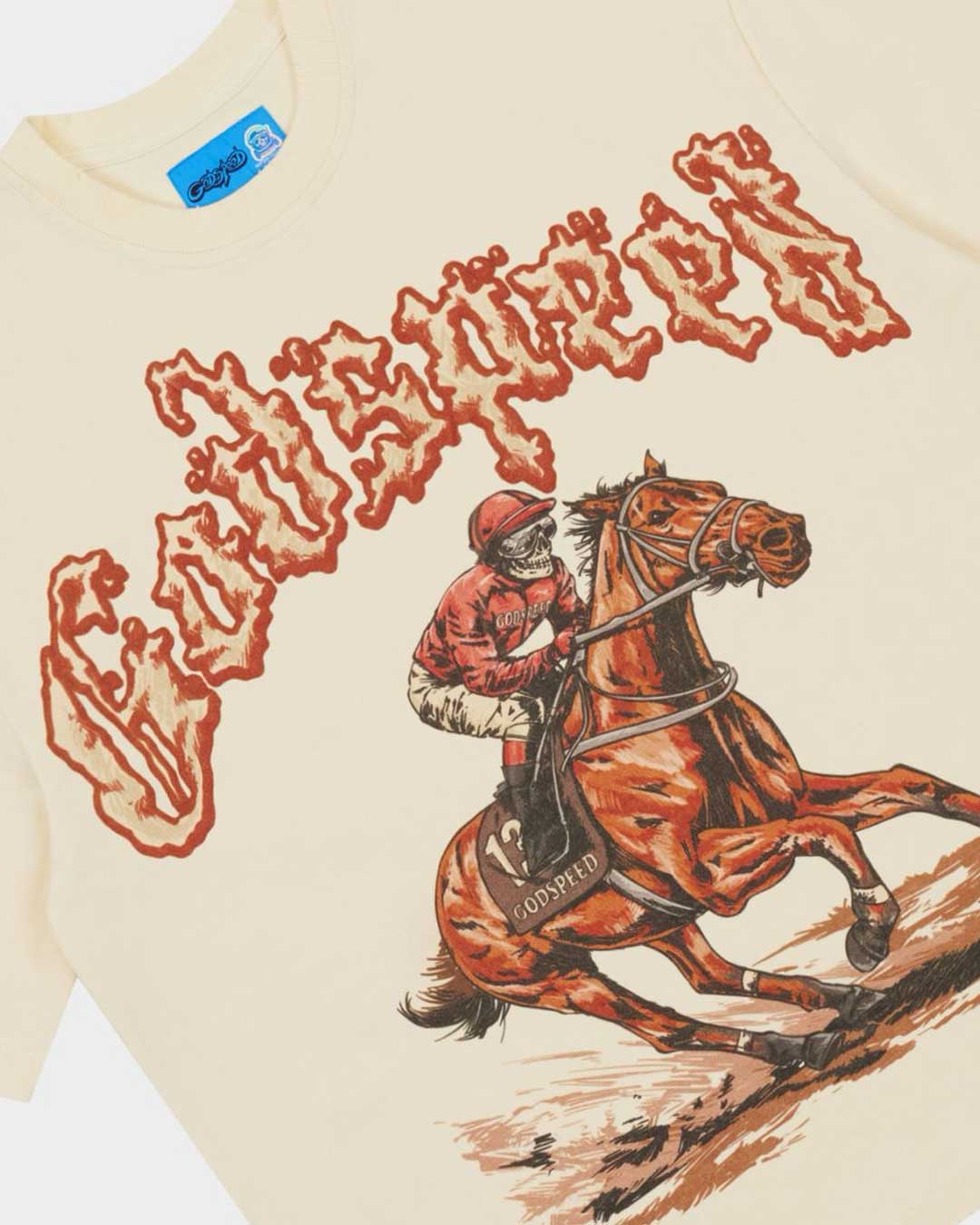 Godspeed Thoroughbred II NG Tee bone, angled close-up of the racehorse and jockey graphic and flame-edged lettering