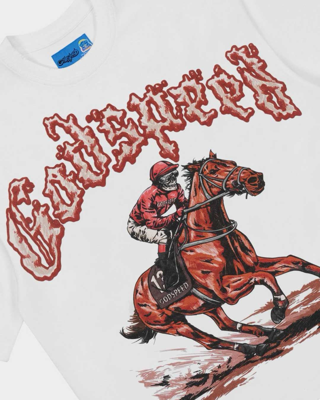 Godspeed Thoroughbred II NG Tee snow white, angled close-up of the racehorse and jockey graphic and flame-edged lettering