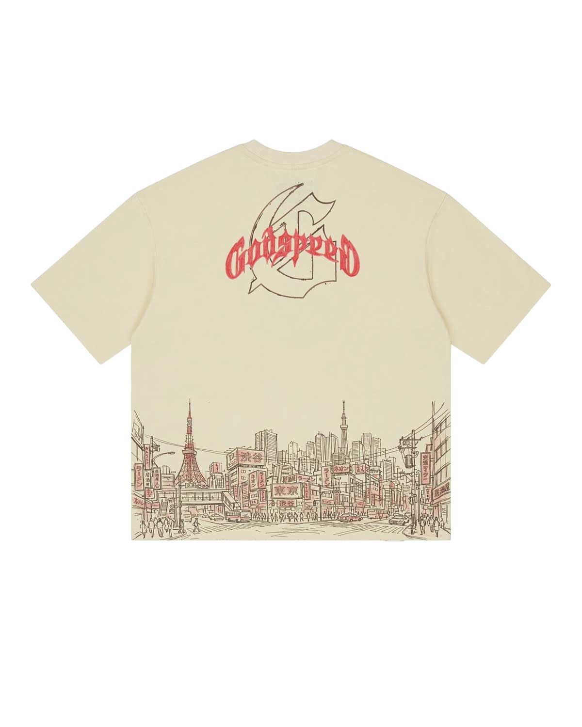 Godspeed Tokyo Skyline Tee bone, back view with Godspeed script and Tokyo skyline graphic