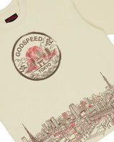 Godspeed Tokyo Skyline Tee bone, close-up of the Tokyo skyline print detail