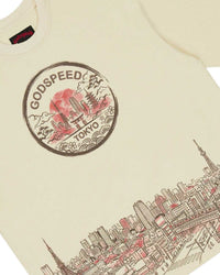 Godspeed Tokyo Skyline Tee bone, close-up of the Tokyo skyline print detail