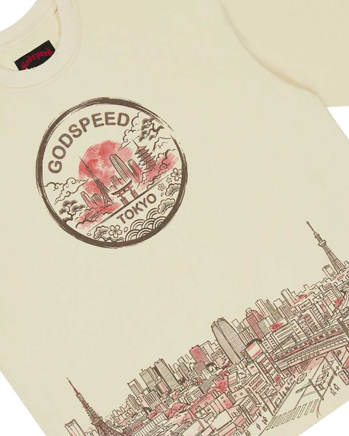 Godspeed Tokyo Skyline Tee bone, close-up of the Tokyo skyline print detail