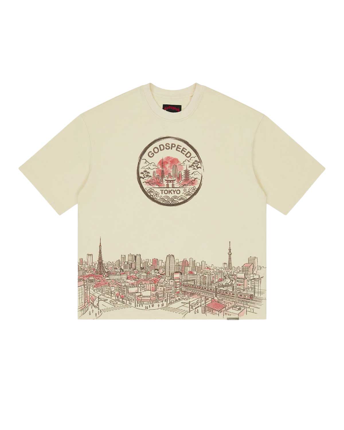 Godspeed Tokyo Skyline Tee bone, heavyweight tee with red circular crest and Tokyo skyline, front view