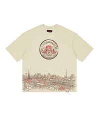 Godspeed Tokyo Skyline Tee bone, heavyweight tee with red circular crest and Tokyo skyline, front view