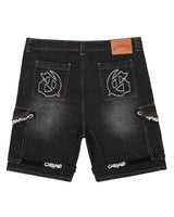 Godspeed Utility Denim Shorts black, back view with embroidered logo pockets and Godspeed hem tape