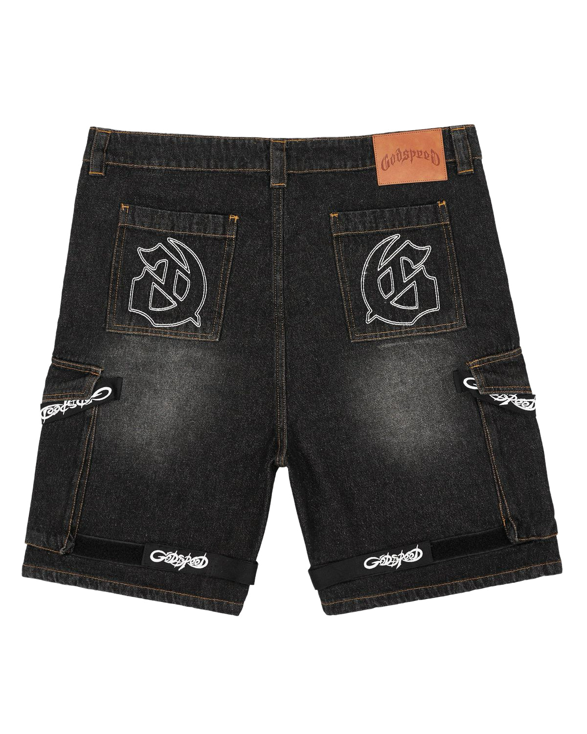 Godspeed Utility Denim Shorts black, back view with embroidered logo pockets and Godspeed hem tape