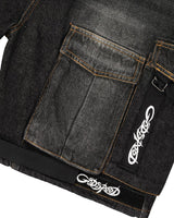 Godspeed Utility Denim Shorts black, close-up of the flap cargo pocket and embroidered Godspeed hem tape