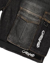 Godspeed Utility Denim Shorts black, close-up of the flap cargo pocket and embroidered Godspeed hem tape