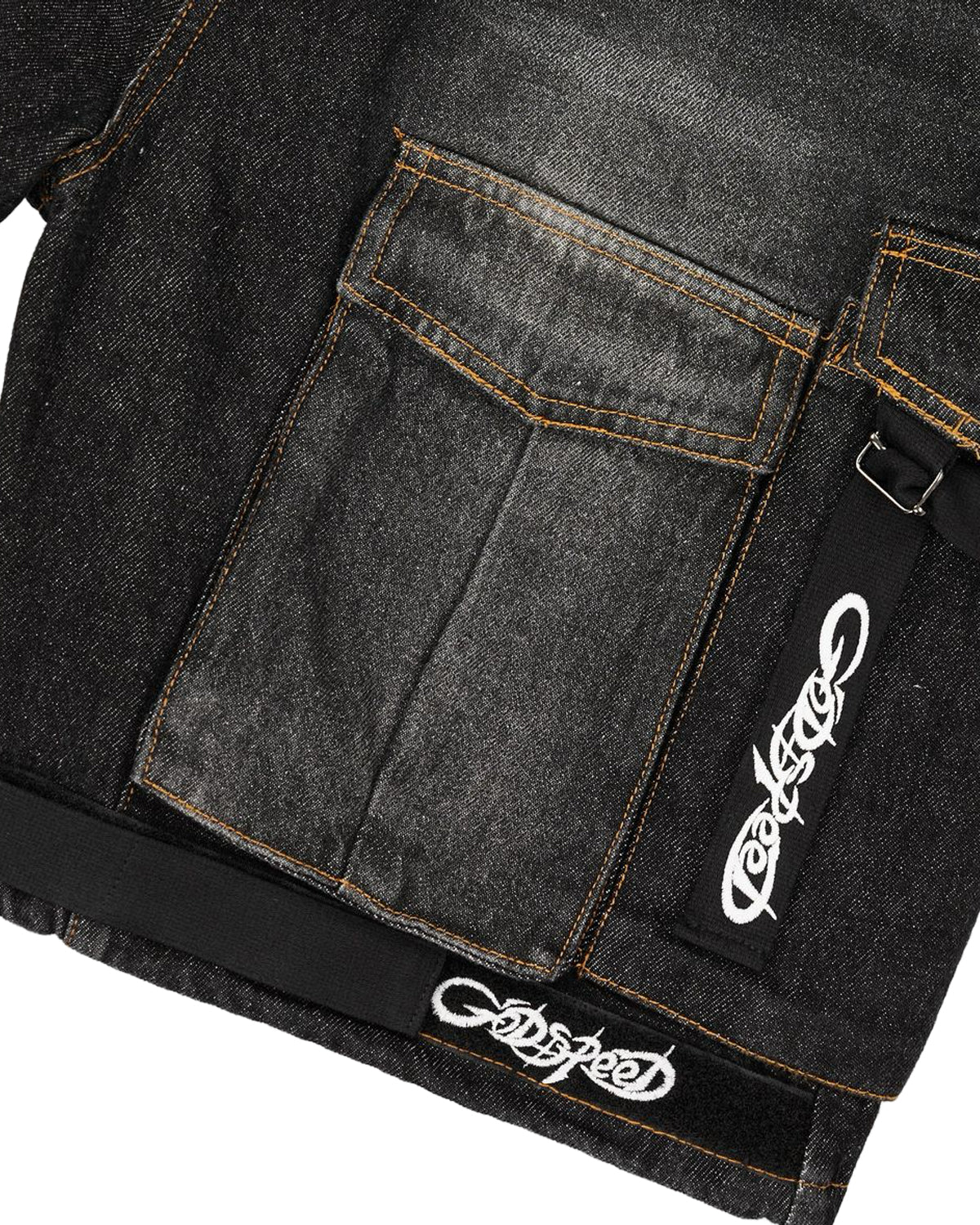 Godspeed Utility Denim Shorts black, close-up of the flap cargo pocket and embroidered Godspeed hem tape