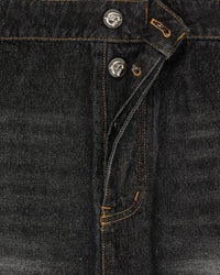 Godspeed Utility Denim Shorts black, close-up of the branded shank buttons and fly