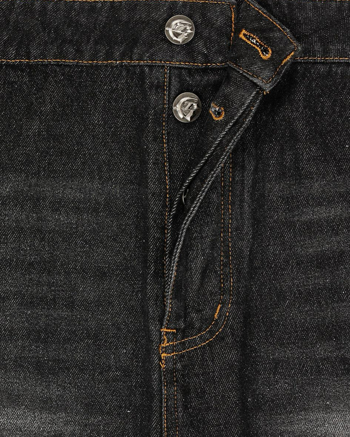 Godspeed Utility Denim Shorts black, close-up of the branded shank buttons and fly