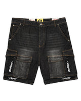 Godspeed Utility Denim Shorts black, washed black denim cargo shorts, front view