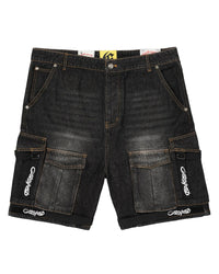 Godspeed Utility Denim Shorts black, washed black denim cargo shorts, front view