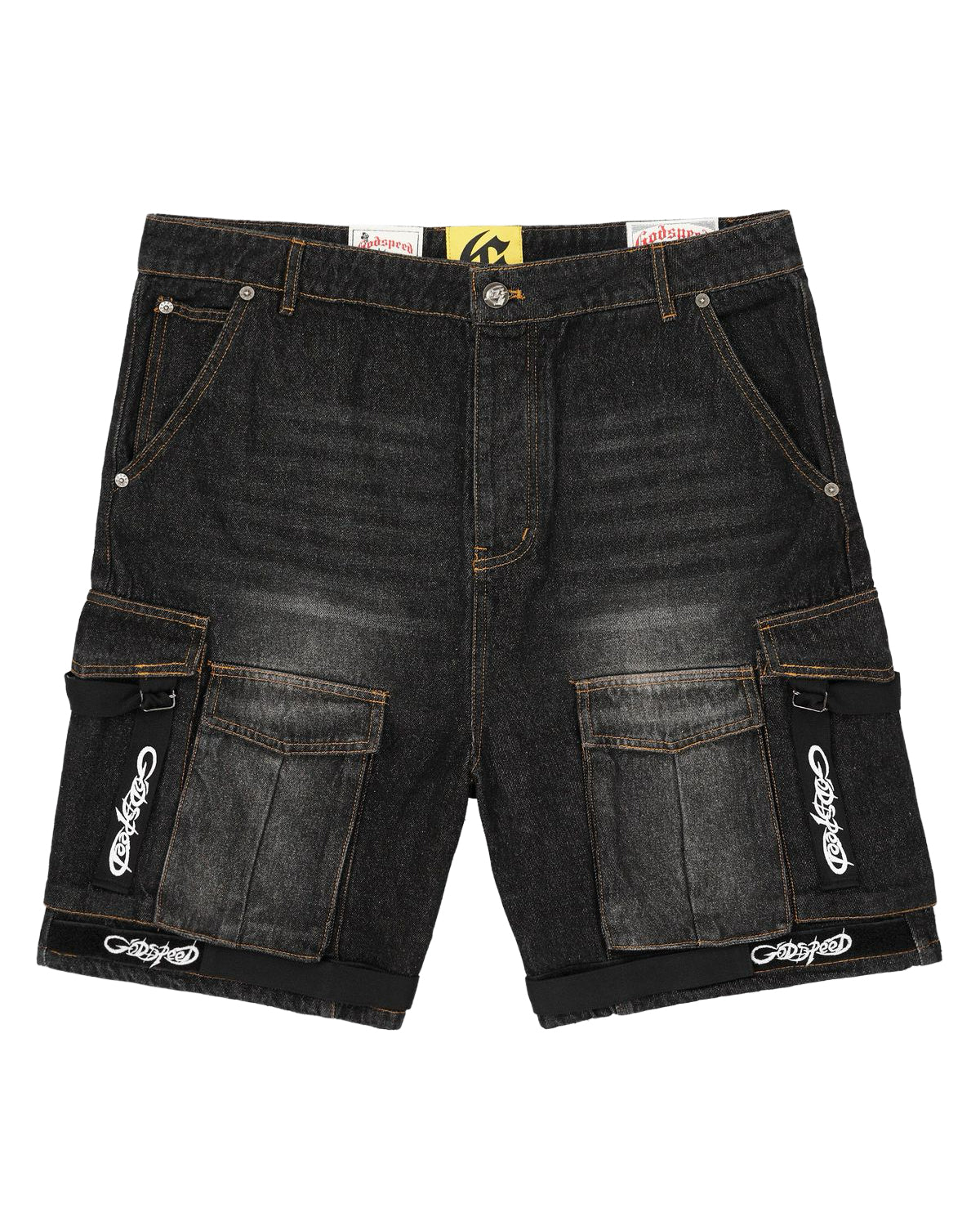 Godspeed Utility Denim Shorts black, washed black denim cargo shorts, front view