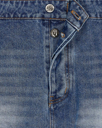 Godspeed Utility Denim Shorts blue, close-up of the branded shank button and fly