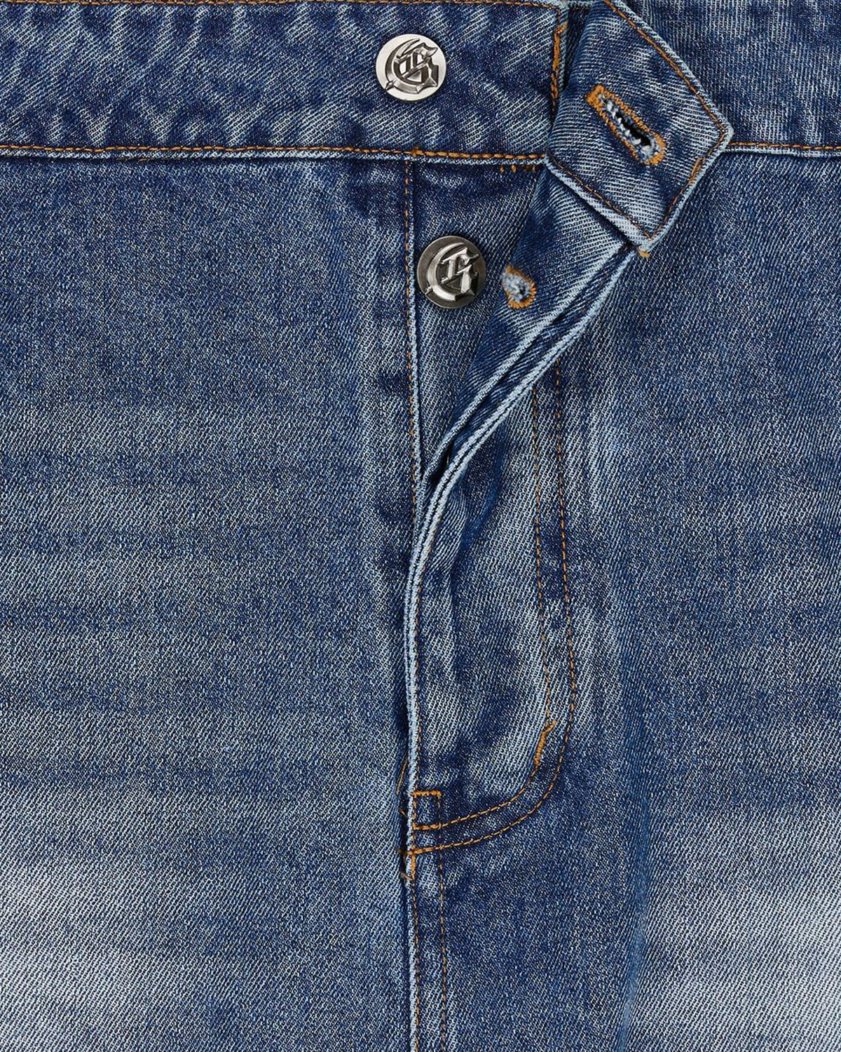 Godspeed Utility Denim Shorts blue, close-up of the branded shank button and fly