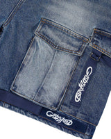 Godspeed Utility Denim Shorts blue, close-up of the flap cargo pocket and embroidered Godspeed hem tape
