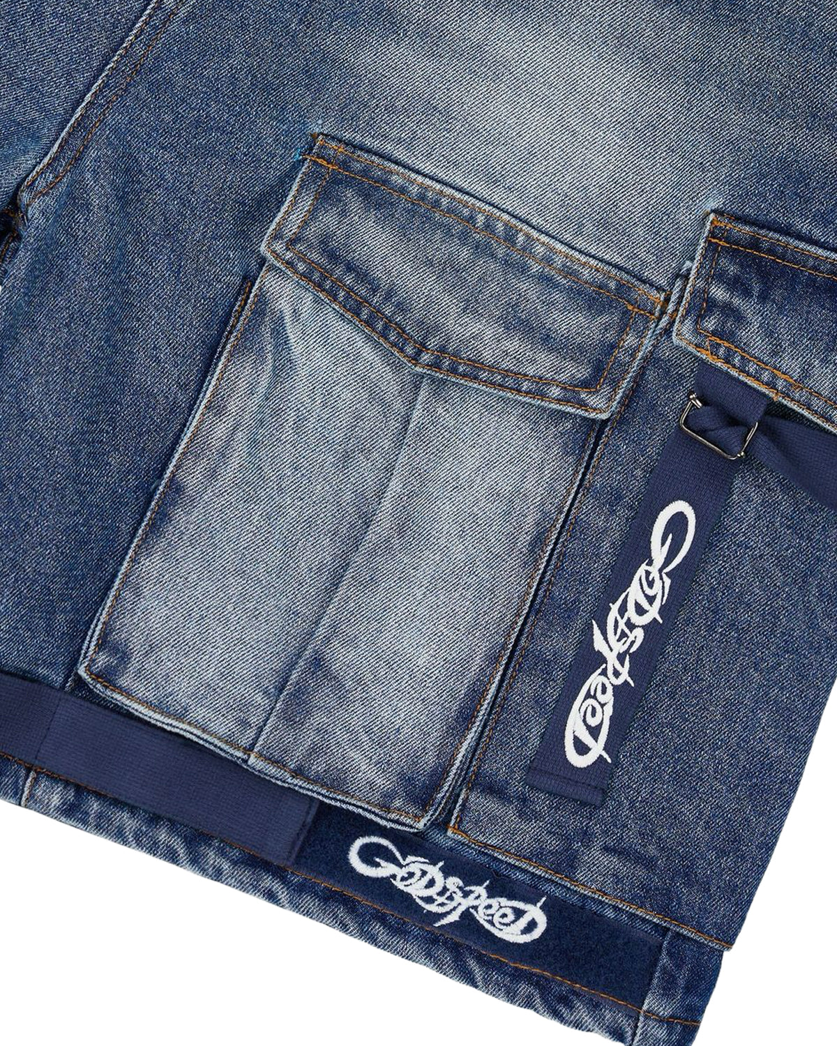 Godspeed Utility Denim Shorts blue, close-up of the flap cargo pocket and embroidered Godspeed hem tape