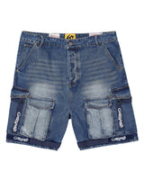 Godspeed Utility Denim Shorts blue, mid-wash denim cargo shorts, front view
