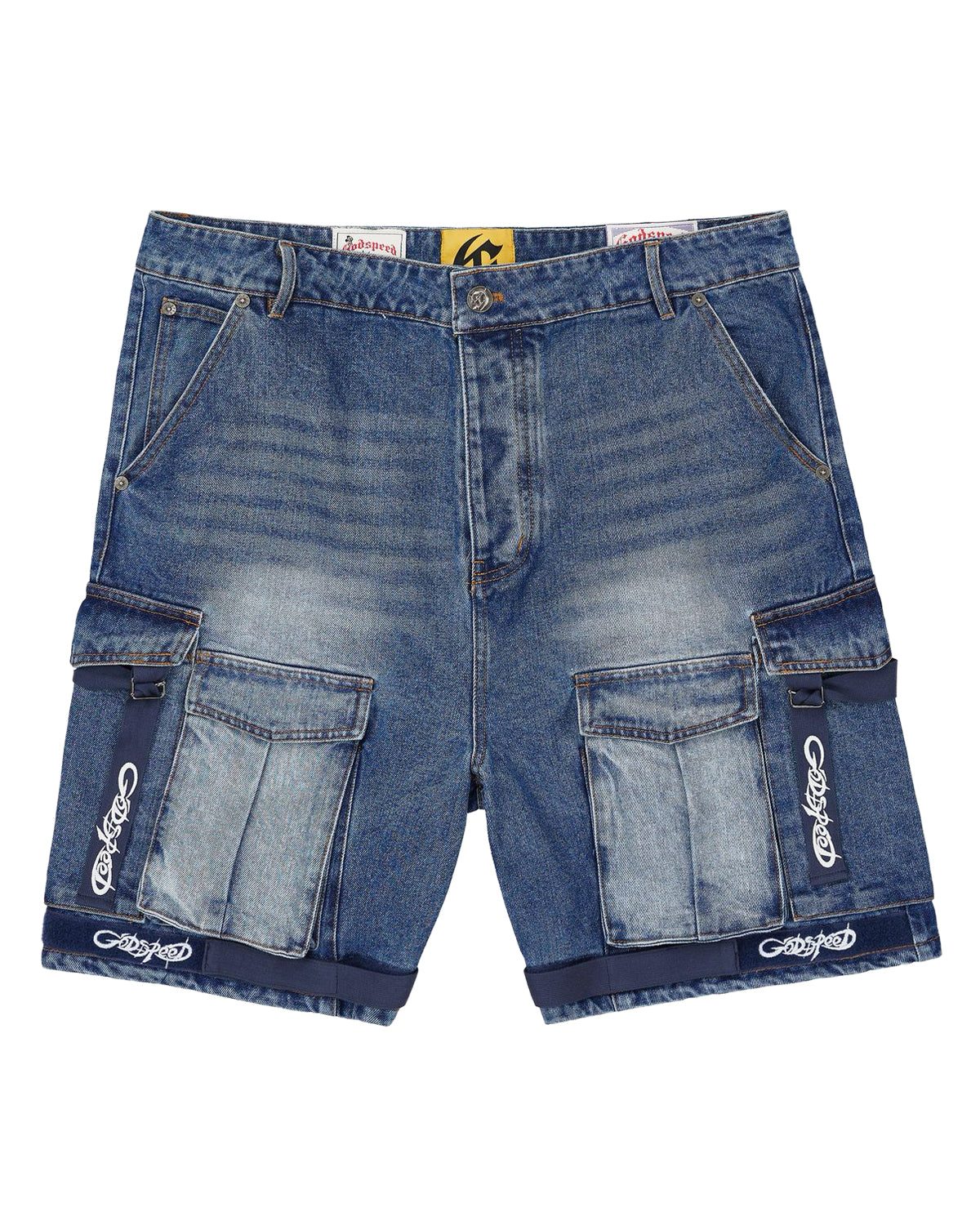 Godspeed Utility Denim Shorts blue, mid-wash denim cargo shorts, front view