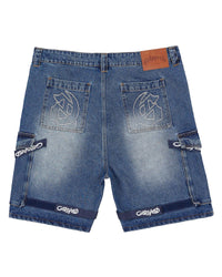Godspeed Utility Denim Shorts blue, back view with embroidered logo pockets and Godspeed hem tape
