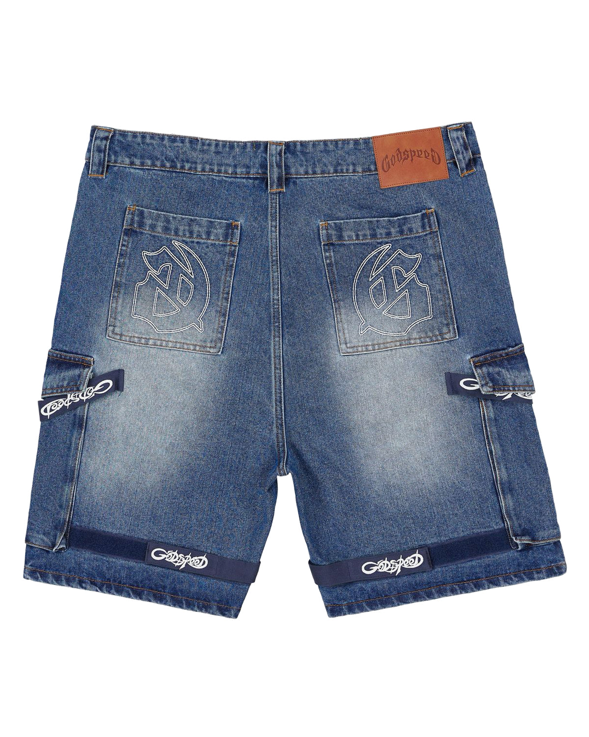 Godspeed Utility Denim Shorts blue, back view with embroidered logo pockets and Godspeed hem tape