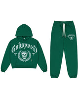 Godspeed Victor Crest Sweatsuit green, matching hoodie and sweatpants set with skull crest, front view
