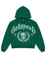 Godspeed Victor Crest Sweatsuit green, hoodie with Godspeed lettering and laurel-wreath skull crest, front view