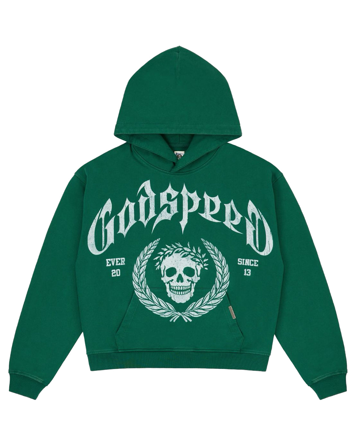 Godspeed Victor Crest Sweatsuit green, hoodie with Godspeed lettering and laurel-wreath skull crest, front view