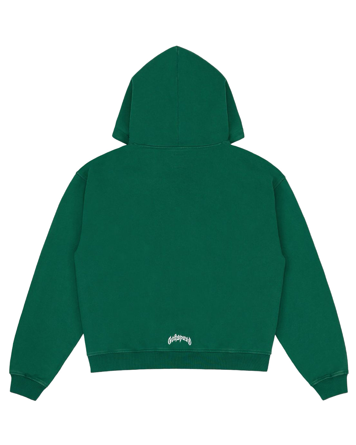 Godspeed Victor Crest Sweatsuit green, plain hoodie back view with small crest at the hem