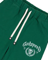 Godspeed Victor Crest Sweatsuit green, close-up of sweatpants drawstring waist and crest print