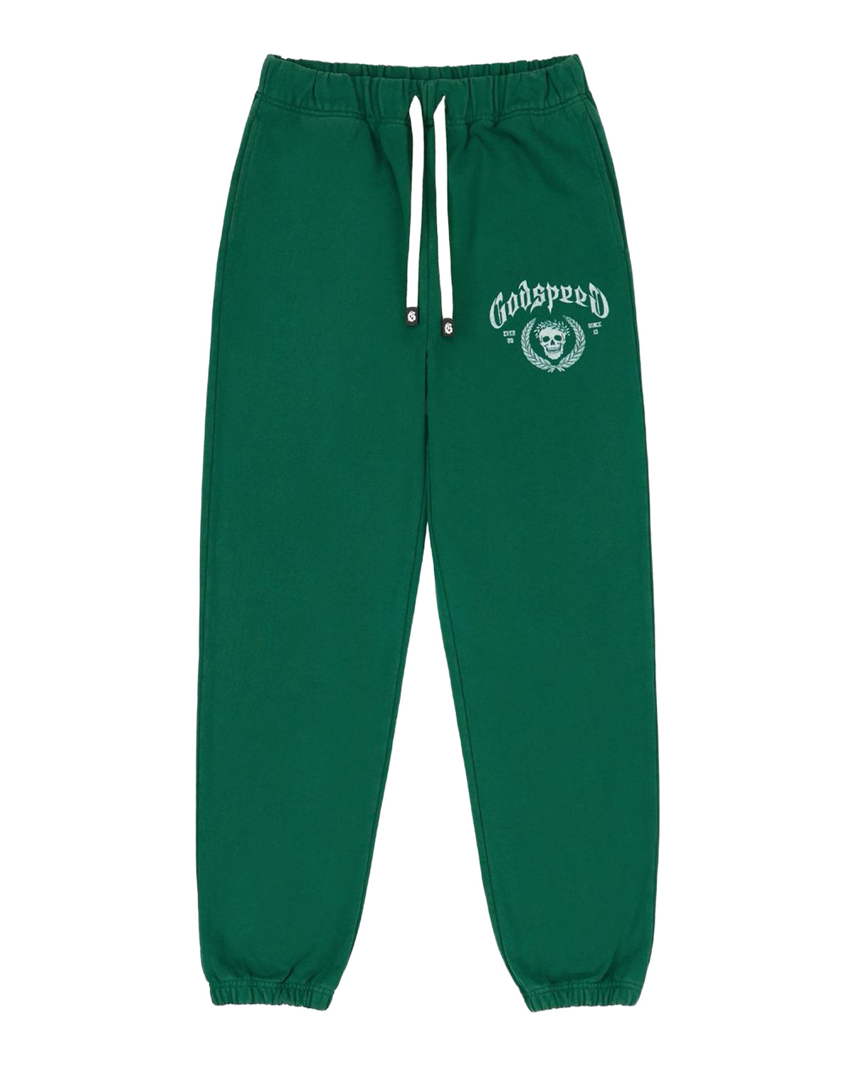 Godspeed Victor Crest Sweatsuit green, sweatpants with crest on the leg, front view