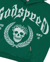 Godspeed Victor Crest Sweatsuit green, close-up of the skull crest and Godspeed lettering on the hoodie chest