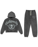 Godspeed Victor Crest Sweatsuit grey, matching washed hoodie and sweatpants set with skull crest, front view