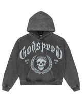 Godspeed Victor Crest Sweatsuit grey, hoodie with Godspeed lettering and skull crest, front view
