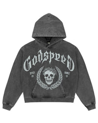Godspeed Victor Crest Sweatsuit grey, hoodie with Godspeed lettering and skull crest, front view