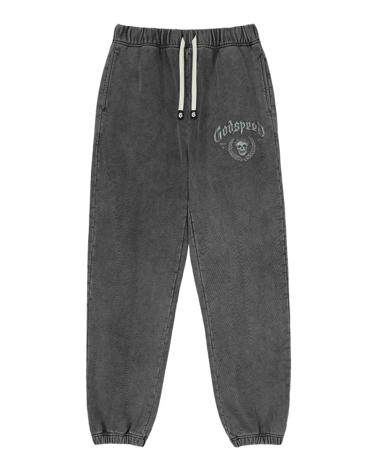 Godspeed Victor Crest Sweatsuit grey, close-up of sweatpants waist and crest print