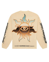 Godspeed Virtuoso L/S Tee bone, back view with an orange and blue all-seeing-eye sun graphic and Manifested in MMXIII