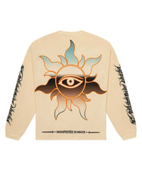 Godspeed Virtuoso L/S Tee bone, back view with an orange and blue all-seeing-eye sun graphic and Manifested in MMXIII