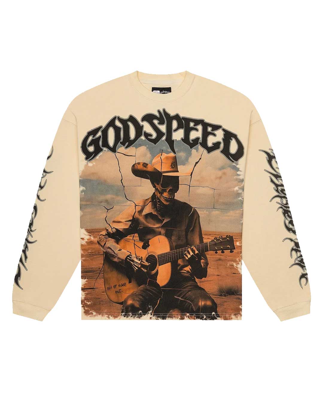 Godspeed Virtuoso L/S Tee bone, heavyweight long-sleeve with a skeleton cowboy playing acoustic guitar in the desert, front view