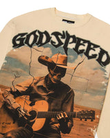 Godspeed Virtuoso L/S Tee bone, close-up of the black gothic Godspeed lettering and skeleton cowboy graphic
