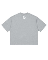 Godspeed Vital Necessi Tee heather grey, back view with a gothic G monogram at the yoke