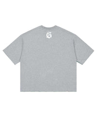 Godspeed Vital Necessi Tee heather grey, back view with a gothic G monogram at the yoke