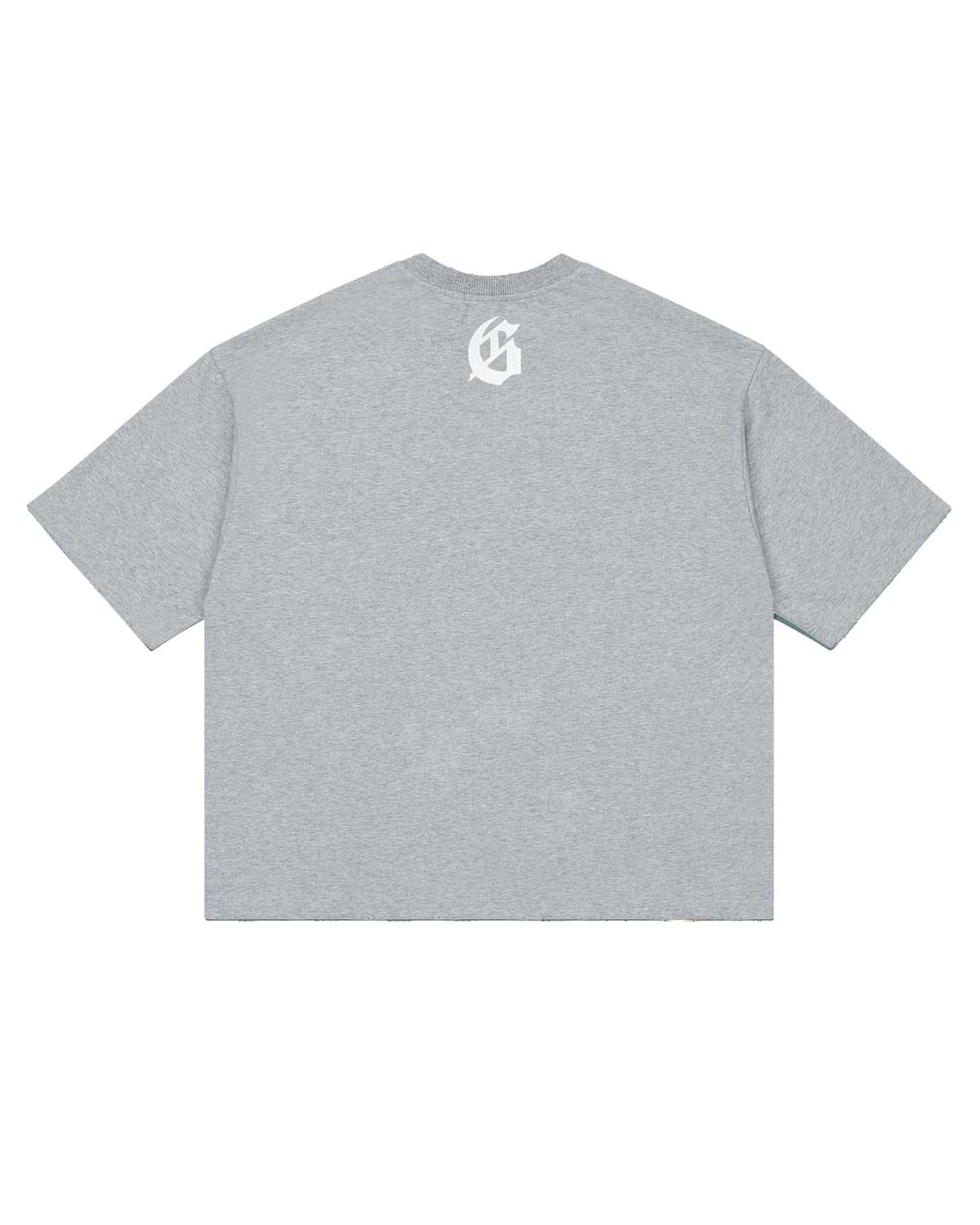 Godspeed Vital Necessi Tee heather grey, back view with a gothic G monogram at the yoke